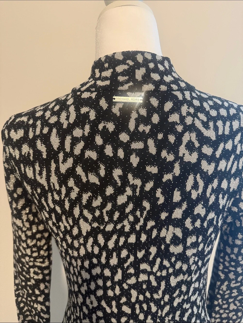 Michael Kors Black and Silver Long Sleeve Mock Neck Knit Dress